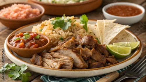 A plate of mexican food with rice, meat, salsa, tortilla chips, and lime slices on a wooden table