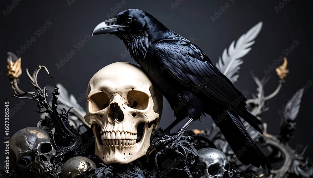 Fototapeta premium Raven atop skull, dark aesthetic