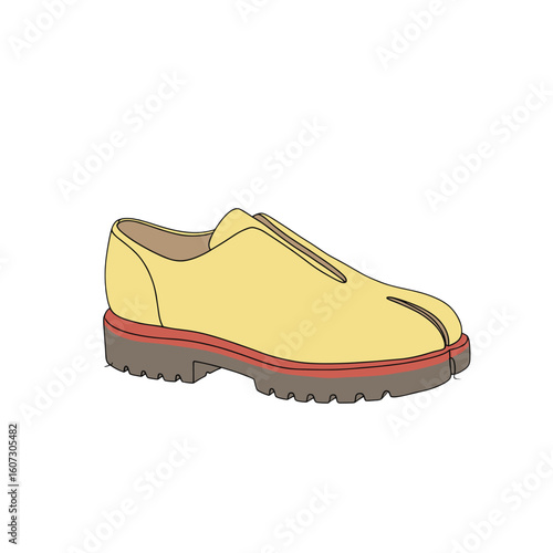 Split sole shoe with yellow upper and rugged red sole  