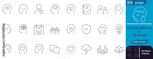 Minimal line icons set featuring mental health, therapy, support, self-care, and wellness concepts. Ideal for apps, infographics, and healthcare content.