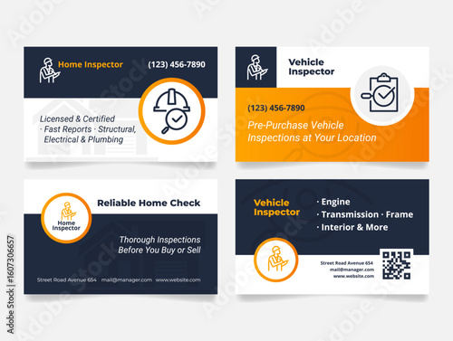 Business cards showcasing vehicle and home inspection services with contact information and offerings for potential clients
