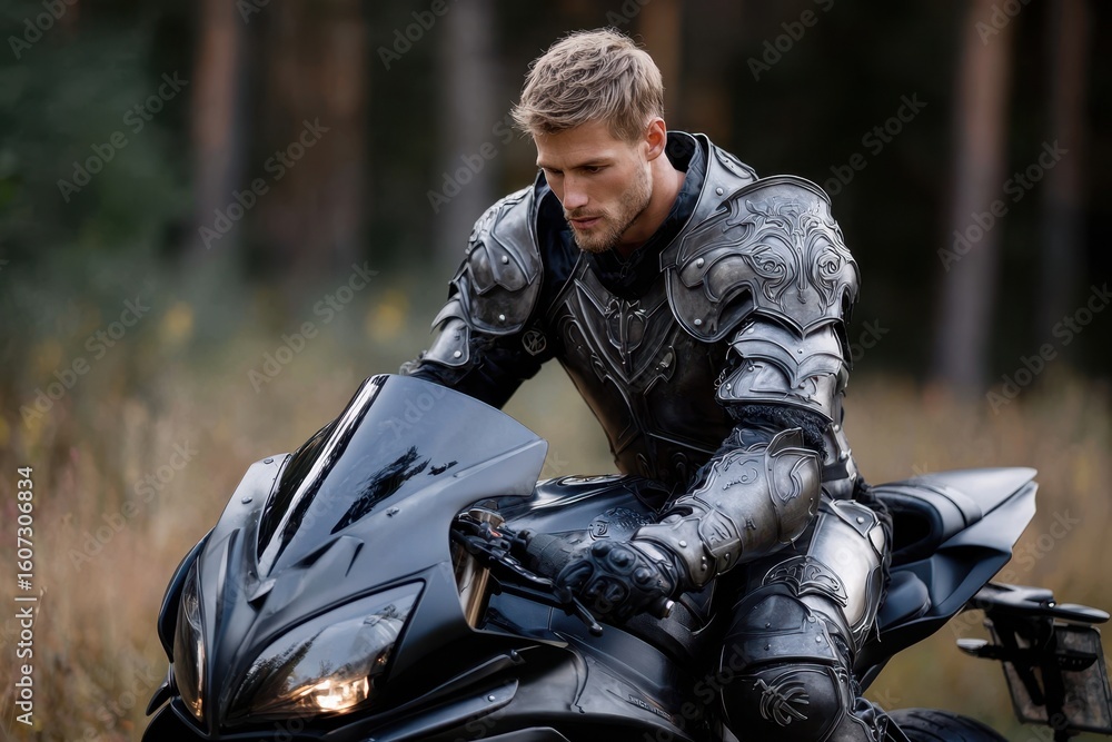 Obraz premium Muscular man in armor riding sleek black motorcycle through serene forest setting