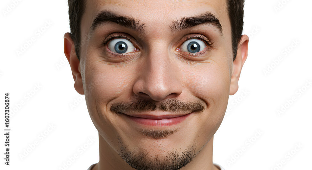 Fototapeta premium Young man smiling with open eyes on white background 