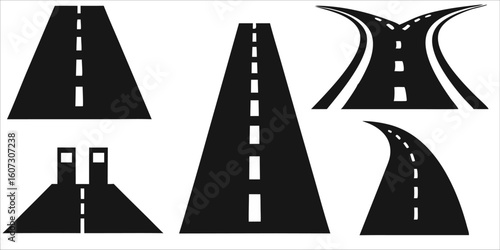 Simple Road Vectors: Straight, Fork, Curve, & Merge. Set of black and white road vector illustrating various road types: straight, fork, curve, and merging lanes. Ideal for maps, apps, or transport