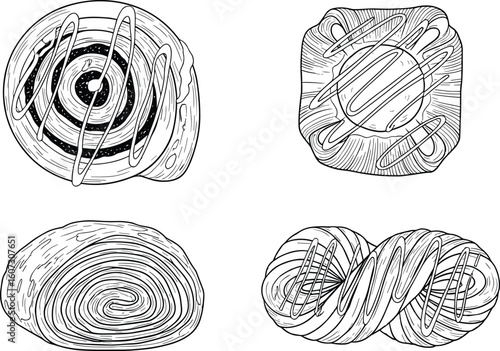 Four detailed black and white illustrations of cross sections of tree trunks showing growth rings and textures
