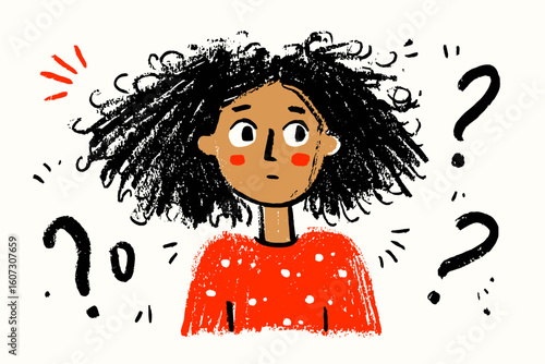 African American woman looking confused with curly hair in red shirt  