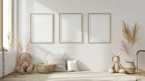 Mockup of three frames on the wall in a children's room in neutral colors, cute interior.