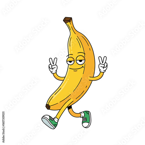 Animated Banana Character Giving Peace Signs and Wearing Sneakers