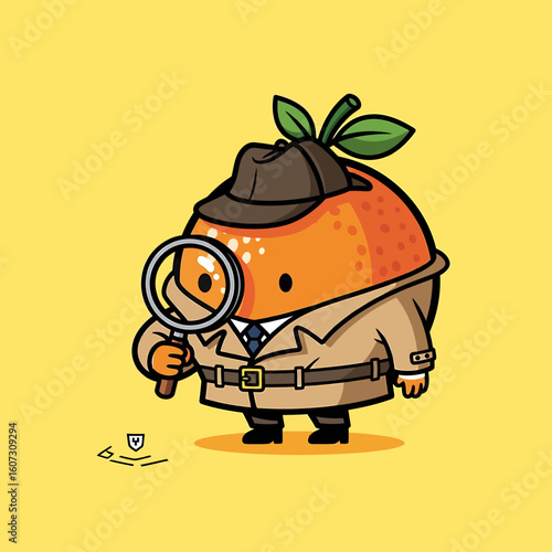 Cartoon Orange Detective with Magnifying Glass Investigating a Clue