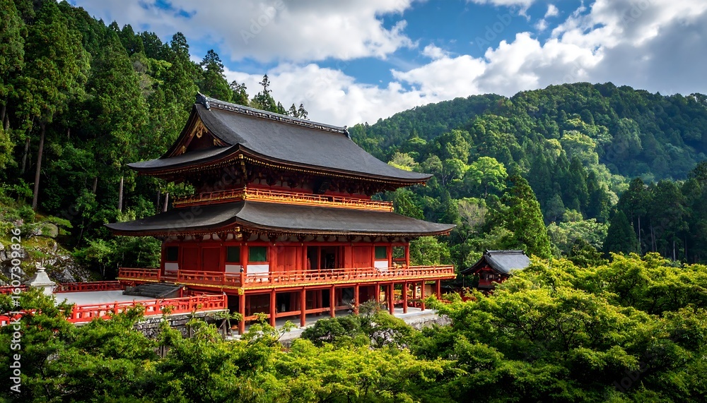 Red temple nestled in lush green mountains Red temple nestled in lush green mountains