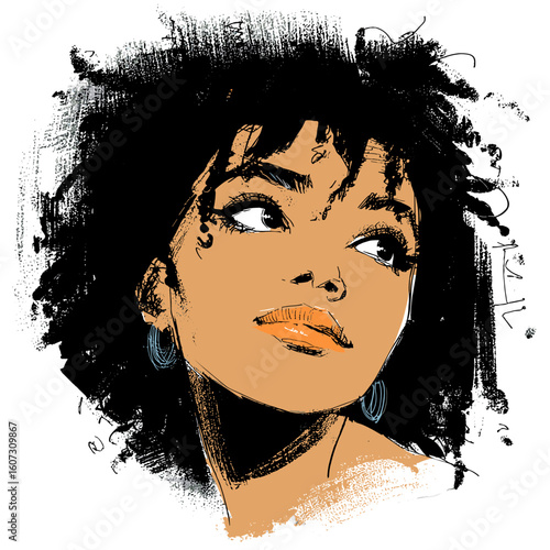 African American woman with curly hair and earrings looking upward, concept of Hand drawn flat vector illustration of an african american woman  