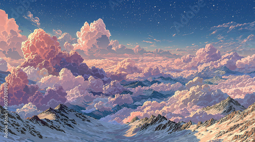 Majestic Sunset Clouds Over Snowy Mountain Peaks