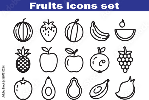 Fruits web line icons. Vegetables and berries. Editable stroke. Vector illustration
