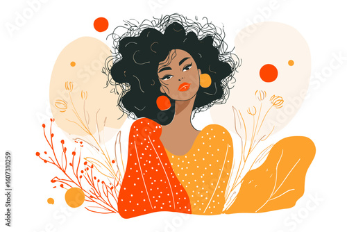 African American woman with curly hair wearing orange outfit in floral illustration  
