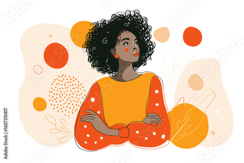African American woman contemplating in colorful flat vector illustration  