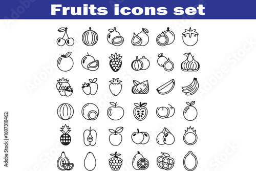 Fruits web line icons. Vegetables and berries. Editable stroke. Vector illustration