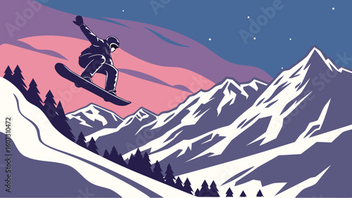 Snowboarder jumping in the mountains under a starry sky with pine trees and a colorful cloudy sky