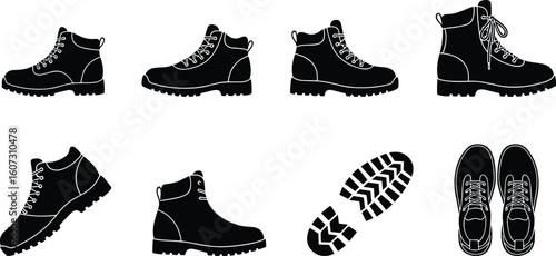 Set of rugged black work boots and boot soles with laces displayed from different angles on a white background