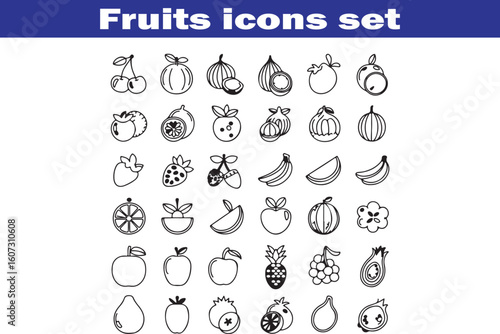Fruits web line icons. Vegetables and berries. Editable stroke. Vector illustration
