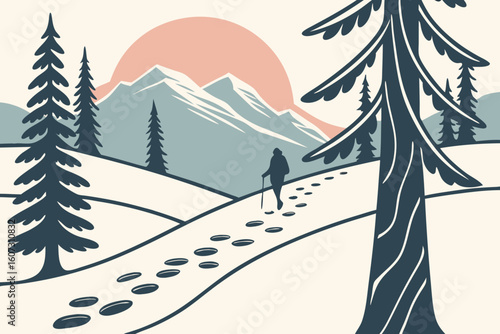 A snowshoe trek through a silent forest, footprints trailing behind, distant peaks glowing under a winter sunset, modern flat illustration style