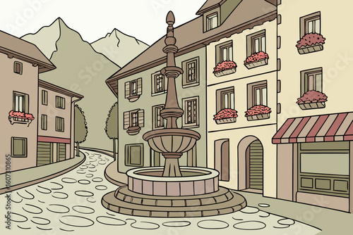 Ordino’s main street with quaint boutiques, flower boxes, and a fountain surrounded by cobblestones and mountain views, modern flat illustration style