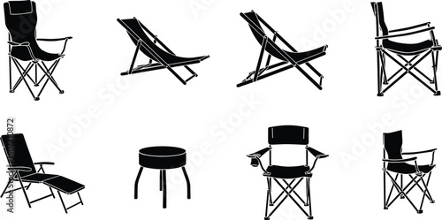 Set of diverse outdoor chairs and seating options including a boot on a stool and various folding designs