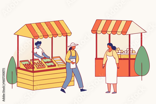 Market stalls with local cheeses, cured ham, fresh mountain honey, and friendly vendors offering samples to curious tourists, modern flat illustration style