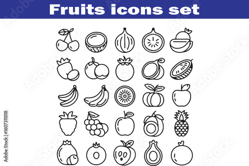 Fruits web line icons. Vegetables and berries. Editable stroke. Vector illustration