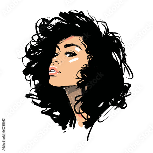 African American woman with curly hair looking confidently to the side  