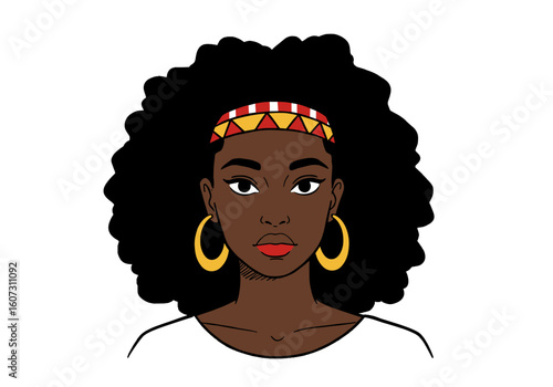 African American woman with natural hair and ethnic headband illustration  