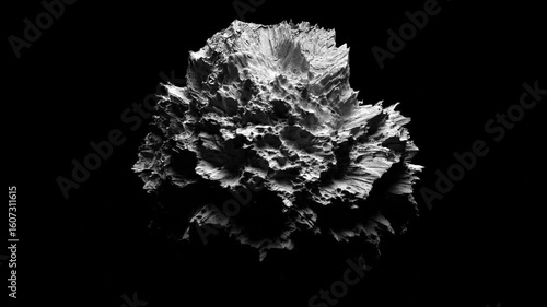 3d render of abstract art video animation video with surreal alien iron stone asteroid with rough scratched damaged surface with glass ice crystal parts in deformation transformation process on black