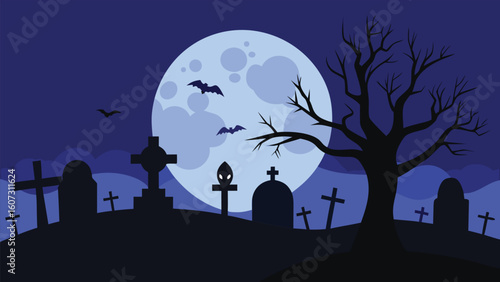 Spooky Halloween Night Background with Graveyard, Full Moon, and Ghost
