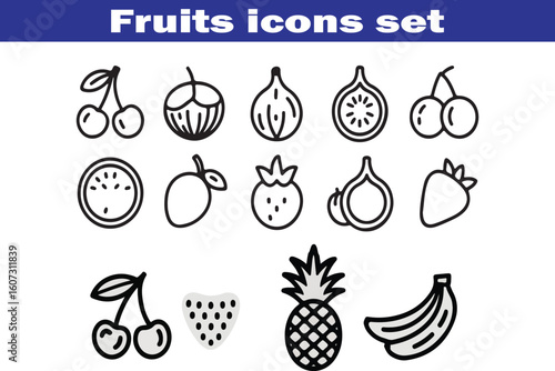 Fruits web line icons. Vegetables and berries. Editable stroke. Vector illustration
