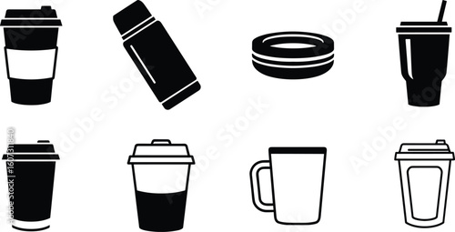 Set of black and white silhouette icons representing various reusable cups and a utility knife on a white background