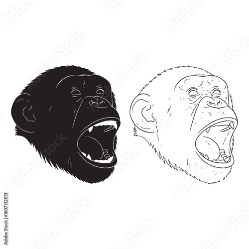 Communicative Gestures Implied - Chimpanzee Figure Pairing - Sleek Silhouette and Defined Lineart - Chimpanzee silhouette - Chimpanzee lineart - Chimpanzee vector - silhouette & lineart of Chimpanzee
