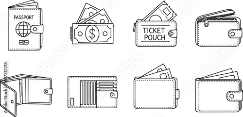 Set of hand drawn black and white illustrations of various wallets and money pouches with cash and passport inside