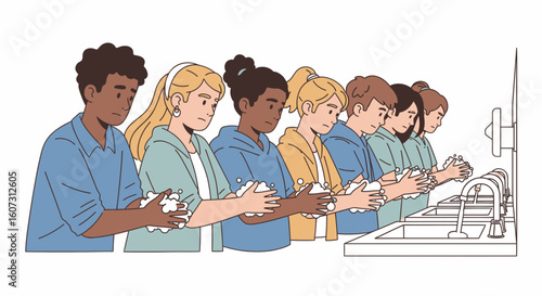 A diverse group of people washing their hands at a public sink, practicing proper hygiene.