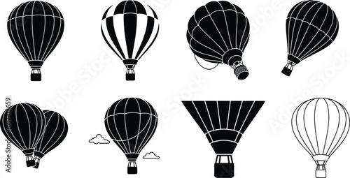 Set of eight black and white hot air balloons in various styles and perspectives against a white background