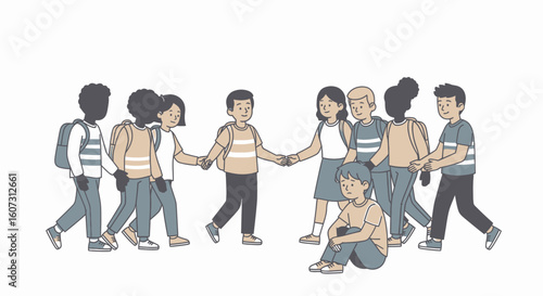 A group of children walk together, hand in hand, while another child sits alone looking sad.