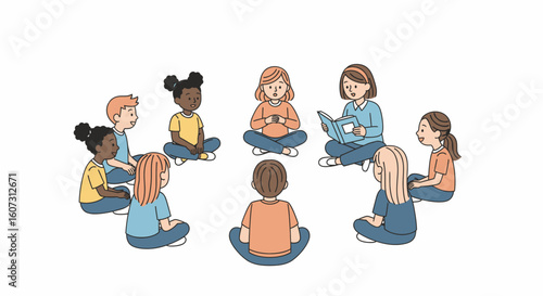 A woman reads a book aloud to a group of children sitting cross-legged in a circle on a white background.