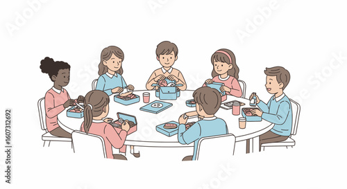Diverse group of children happily enjoying lunch together at a round table.