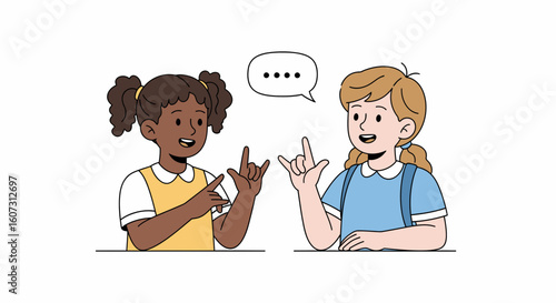 Two young girls communicating using sign language, a friendly exchange of ideas.