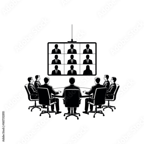 Business meeting with remote participants displayed on a screen conference video call