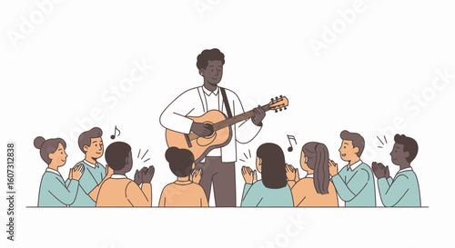 A musician plays guitar for a group of people who are clapping and enjoying the music.