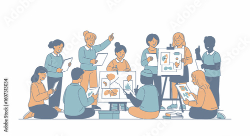 Students collaboratively participate in an art class, reviewing sketches and drawings together.