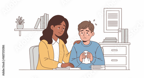 A supportive woman comforts a sad, crying boy in a comforting office setting.