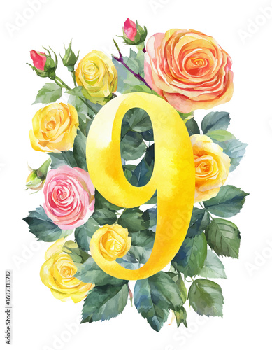 Watercolor yellow numbers decorated with flowers roses set 1,2,3,4,5,6,7,8,9 on white isolated background. Birthday. Romantic elements for holiday