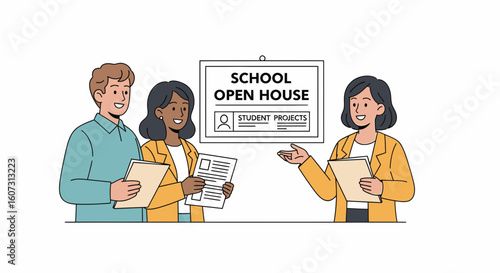 Three educators stand in front of a "School Open House" sign, holding documents and gesturing, likely discussing student projects and welcoming visitors.