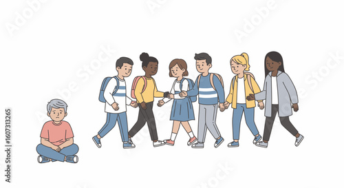 Lonely child sits apart from a group of happy schoolchildren walking together.