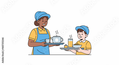 Smiling waitress serves breakfast tray to happy young boy.
